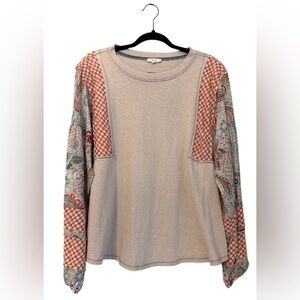 Easel Beige and Red Patchwork Long Sleeve Top